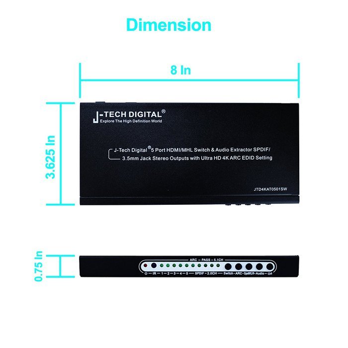 J-Tech Digital &reg; HDMI 1.4 Switch Switcher Box Selector 3 In 1 Out HDMI Audio Extractor Splitter with Optical SPDIF... N14