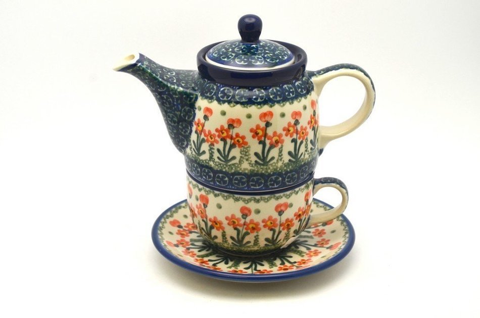 Polish Pottery Tea Time for One - Peach Spring Daisy free image download
