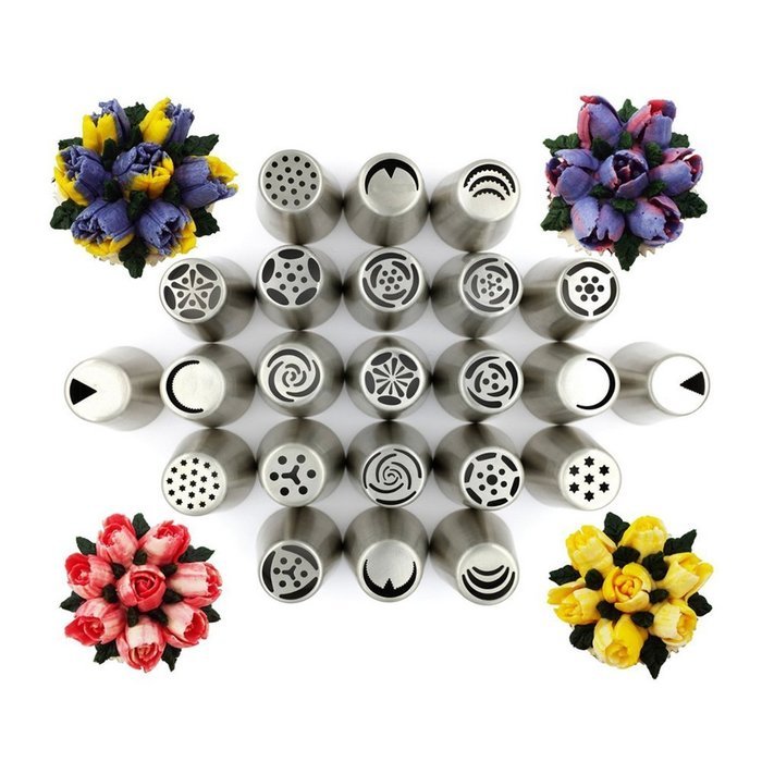 Peicees 23pcs Large Size Russian Piping Tips + 1pcs Tri-color Coupler Cake Candy Cupcake Decoration Tools Set