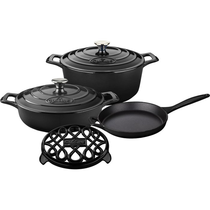 La Cuisine LC 2840 6 Piece Enameled Cast Iron Round Casserole/Trivet Cookware Set, Slate Black
