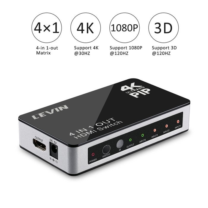 4K x 2K 4-Port HDMI Switch, Levin High Speed Selector Switcher Support PIP Function with Full HD 1080P 3D IR Wireless...