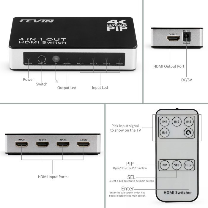4K x 2K 4-Port HDMI Switch, Levin High Speed Selector Switcher Support PIP Function with Full HD 1080P 3D IR Wireless... N2