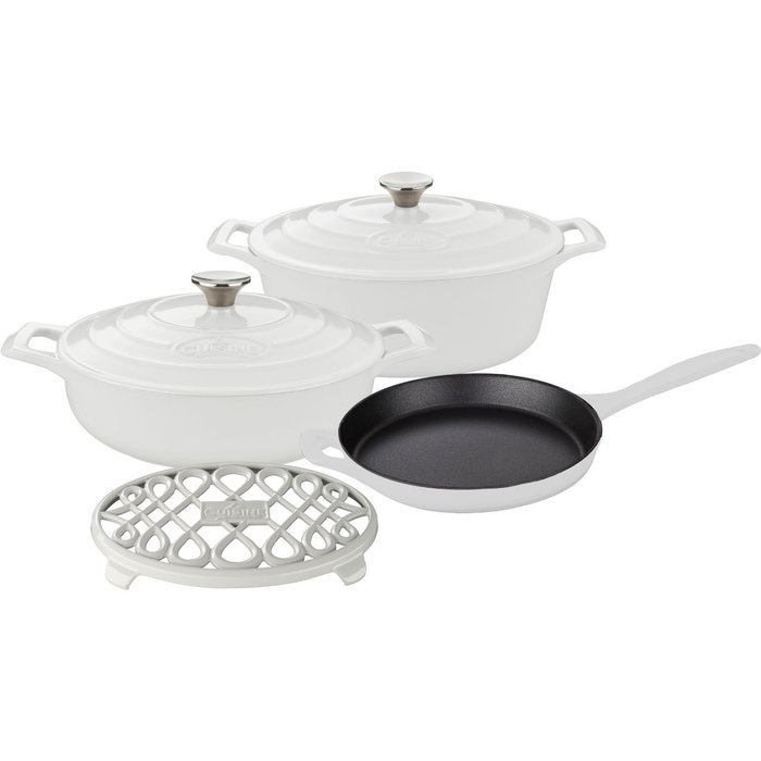 La Cuisine LC 2980 6 Piece Enameled Cast Iron Oval Casserole/Trivet Cookware Set, White