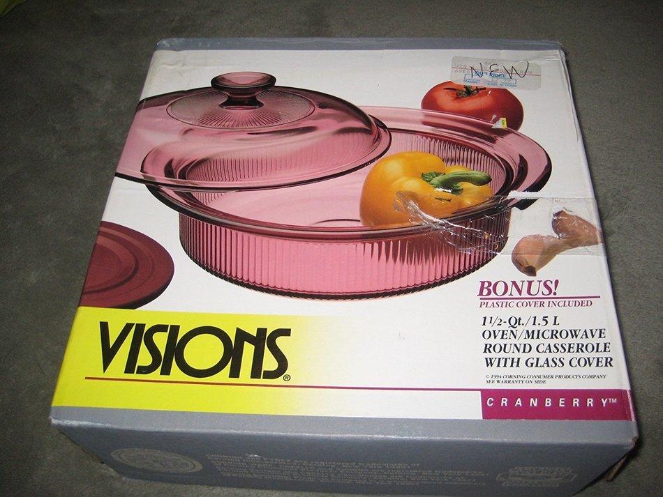 1994 Corning Visions Cranberry 1 1/2 Quart Round Casserole Microwave & Oven Baking Dish w/ 1 Glass Lid & 1 Plastic...
