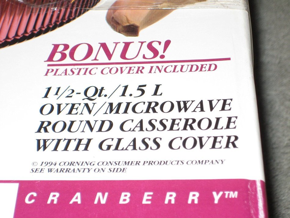1994 Corning Visions Cranberry 1 1/2 Quart Round Casserole Microwave & Oven Baking Dish w/ 1 Glass Lid & 1 Plastic... N2