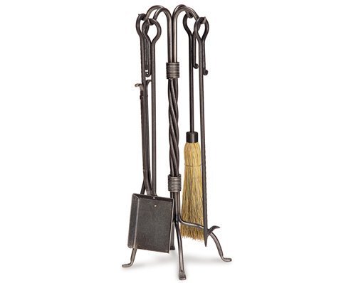 5 Pc Fireplace Set in Iron Finish w Rope Twist Stand