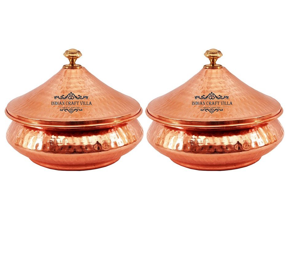 IndianCraftVilla 5.3" X 5.8" X 2.3" Handmade Steel Copper Set Of 2 Mughlai handi Volume 525 ML With Lid serving...