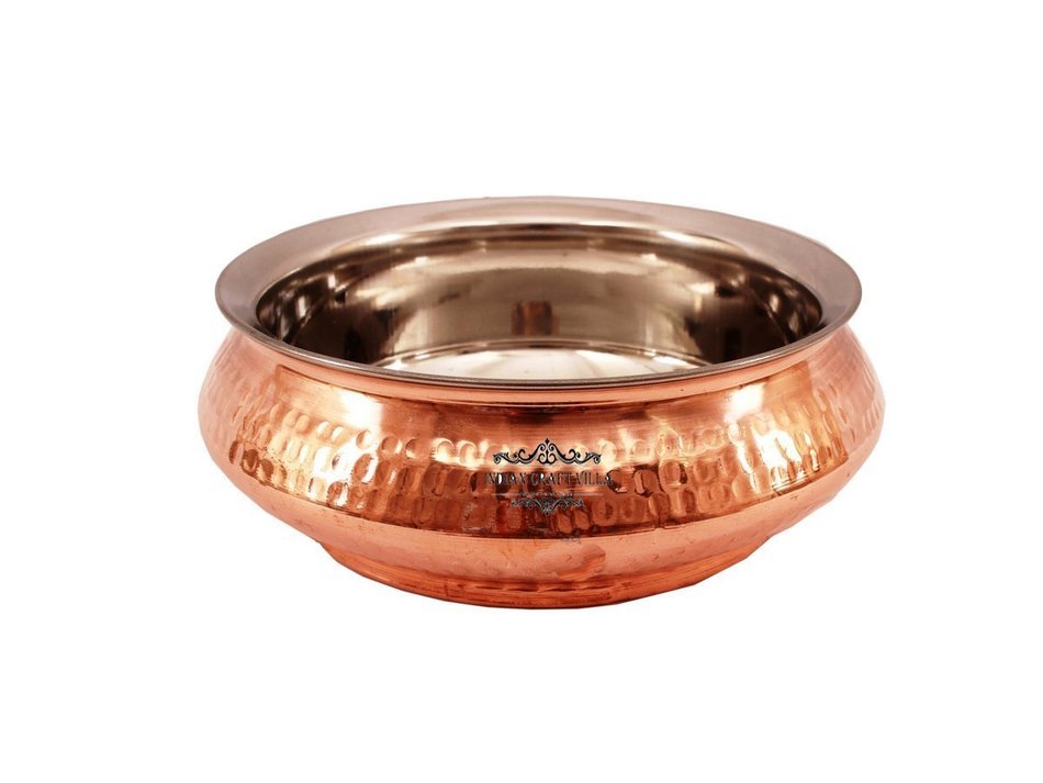 IndianCraftVilla 5.3" X 5.8" X 2.3" Handmade Steel Copper Set Of 2 Mughlai handi Volume 525 ML With Lid serving... N2