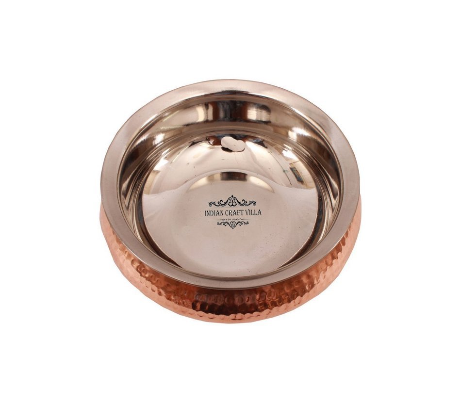 IndianCraftVilla 5.3" X 5.8" X 2.3" Handmade Steel Copper Set Of 2 Mughlai handi Volume 525 ML With Lid serving... N4