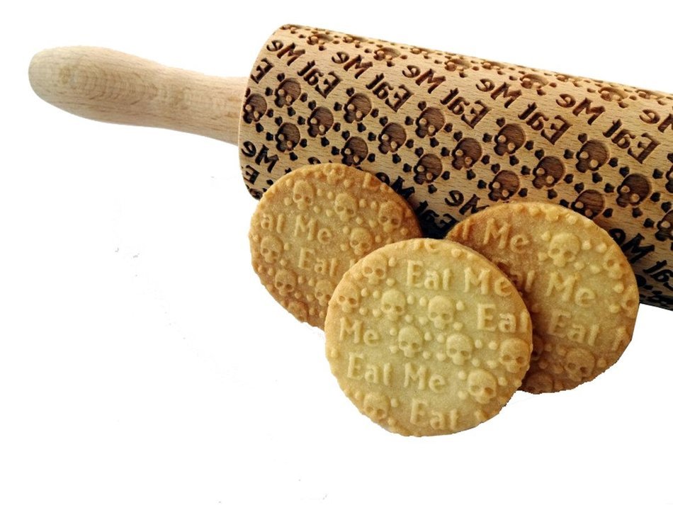 Bopstyle Wooden Laser Engraved Rolling Pin with Skulls Pattern for Embossed (15" x 1.96&ldquo;, Skulls Eat Me)