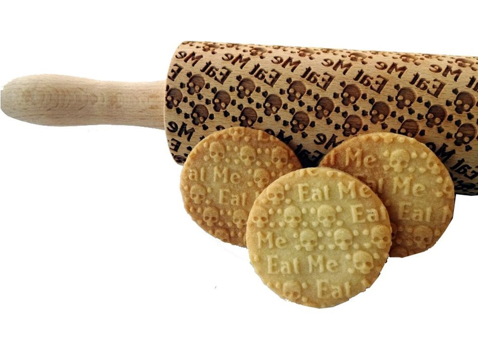 Bopstyle Wooden Laser Engraved Rolling Pin with Skulls Pattern for Embossed (15" x 1.96&ldquo;, Skulls Eat Me) N2