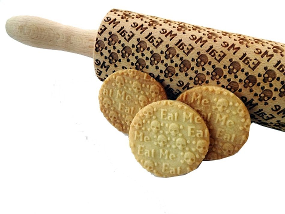 Bopstyle Wooden Laser Engraved Rolling Pin with Skulls Pattern for Embossed (15" x 1.96&ldquo;, Skulls Eat Me) N3
