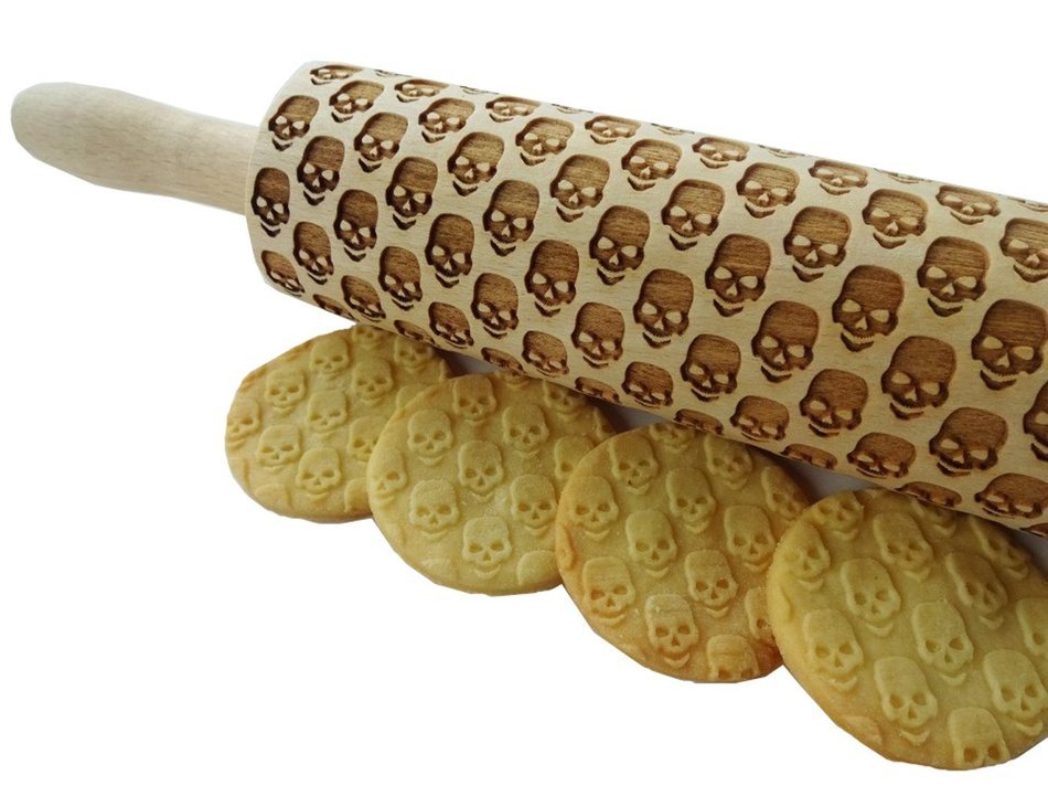 Bopstyle Wooden Laser Engraved Rolling Pin with Skulls Pattern for Embossed (15" x 1.96&ldquo;, Skulls Eat Me) N4