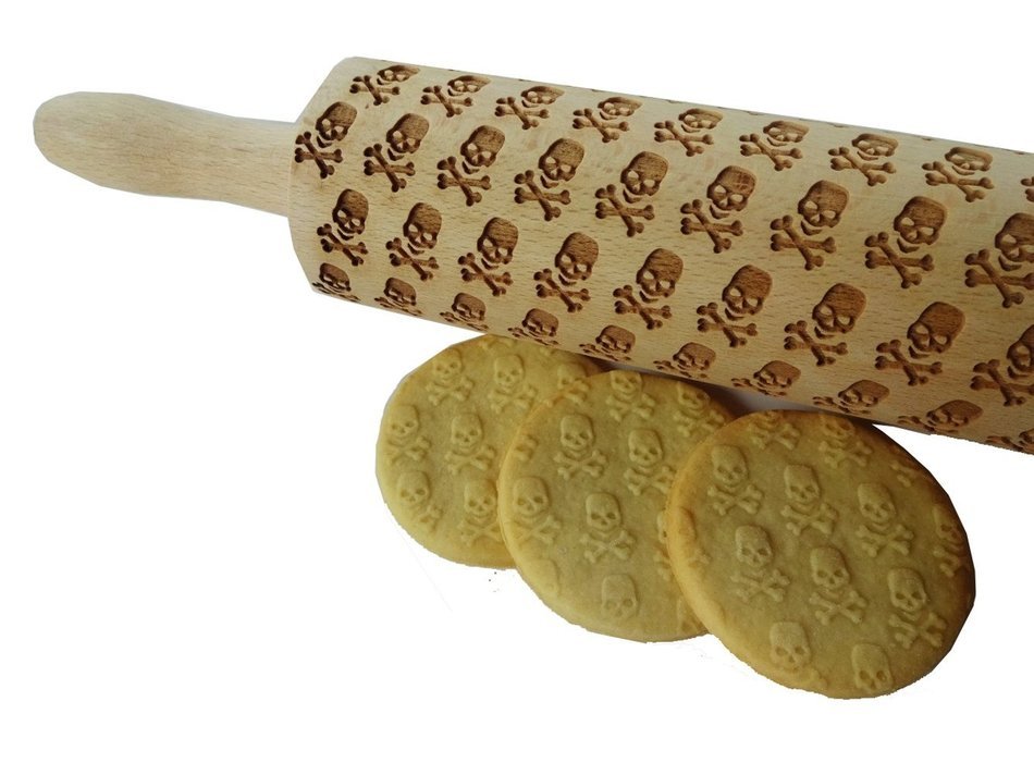 Bopstyle Wooden Laser Engraved Rolling Pin with Skulls Pattern for Embossed (15" x 1.96&ldquo;, Skulls Eat Me) N9