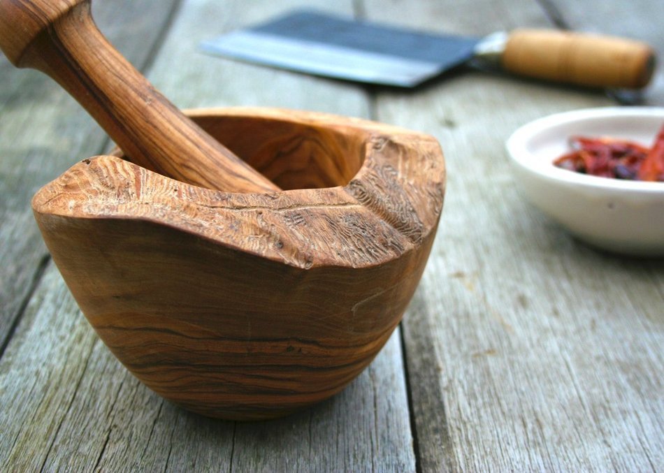 Rustic Olive Wood Large Pestle and Mortar - Diameter 7.1" x Height 4.7" N2