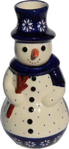 Polish Pottery Snowman with Candlestick From Zaklady Ceramiczne Boleslawiec #1409-243a Classic Pattern, Height...