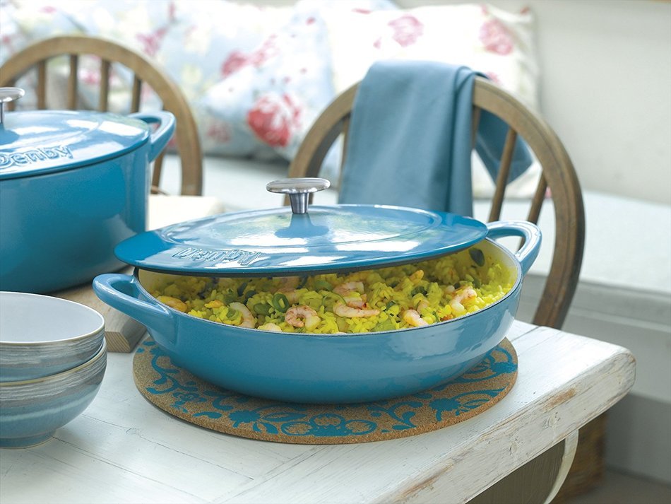 Denby Cast Iron Shallow Covered Casserole, 3-Liter, Blue N2