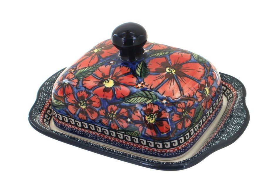 Polish Pottery Jungle Flower Square Butter Dish