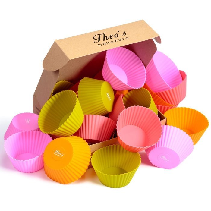 Theo's Bakeware Silicone Cupcake Liners, Round Shape Muffin Cups, Pack of 24 / 4 Colors Reusable & Nonstick Standard...