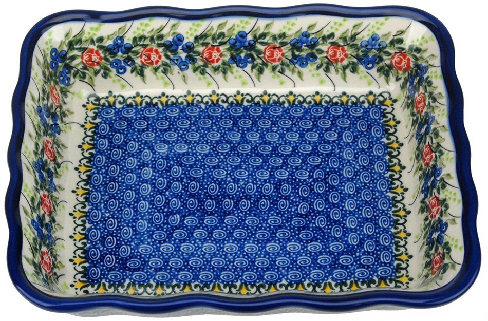 Ceramika Boleslawiecka Kalich Polish Hand Painted Baking Dish 8" x 6" x 1.75" (Red Roses)