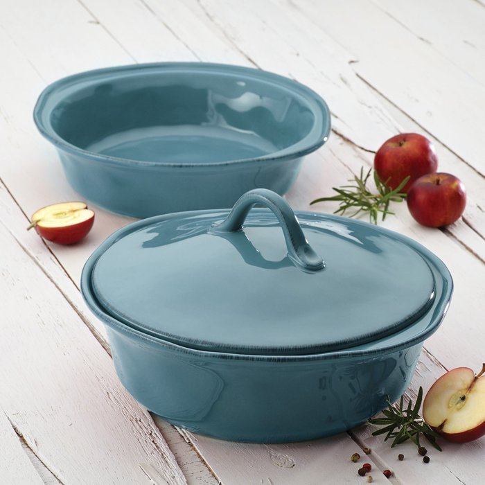 Rachael Ray Cucina Stoneware 3-Piece Round Casserole & Lid Set, Agave Blue N6
