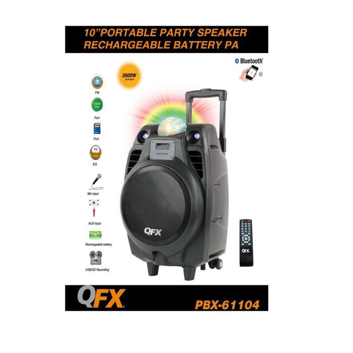 QFX PBX-61104 Rechargeable Speaker w/Bluetooth/USB/SD IN/Recording/Lights/Remote N2