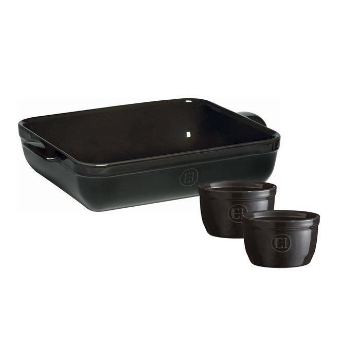 Emile Henry Lasagna/Roasting Dish 13.75" x 10" W/ 2 Bonus Ramekins, Charcoal