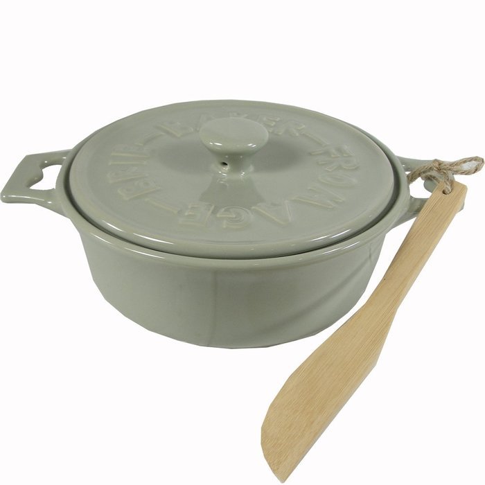 7 Inch Round Stoneware Brie Baker With Spreader, Gray