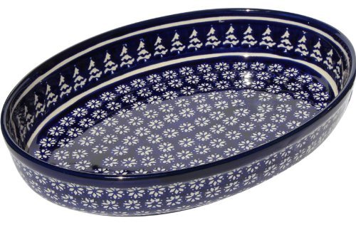 Polish Pottery Oval Baker From Zaklady Ceramiczne Boleslawiec #350-243a Classic Pattern, Width: 12" Length: 8.5"