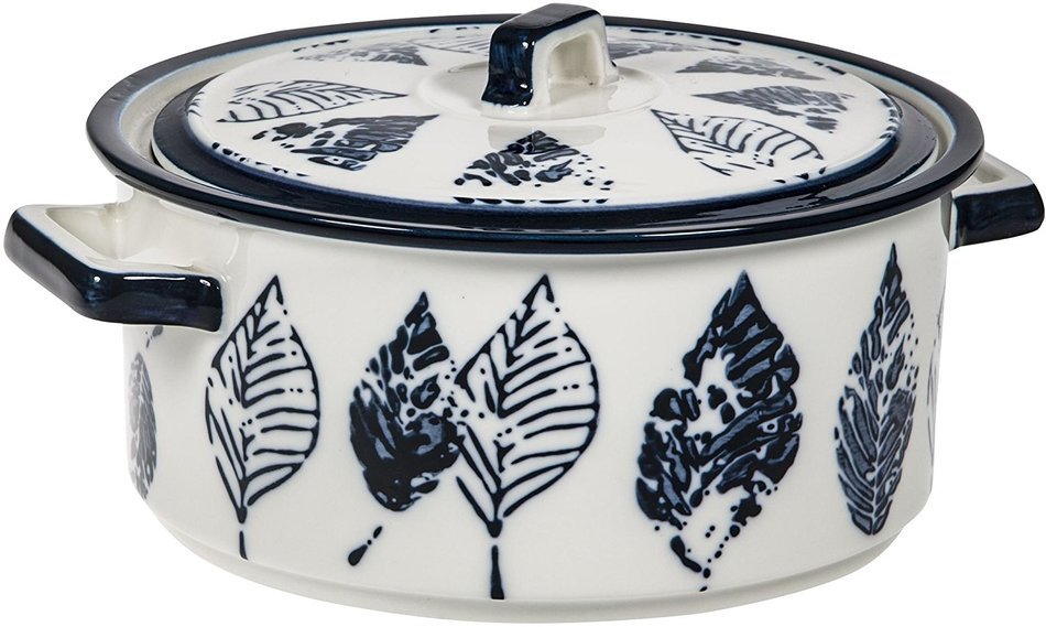 7"L Maison White/Blue Covered Casserole W/Two Ear Handles