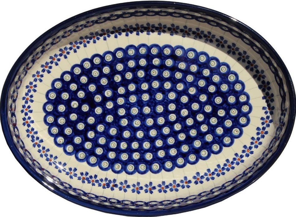 Polish Pottery Oval Baker From Zaklady Ceramiczne Boleslawiec #350-166a Floral Peacock Pattern, Width: 12" Length... N2