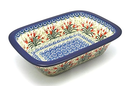 Polish Pottery Baker - Rectangular with Grip Lip - Crimson Bells