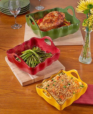 3 Stoneware Casserole / Baking Dishes With Easy-Grip Handles