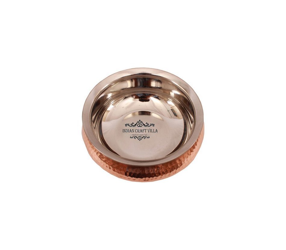 IndianCraftVilla 4.0" X 4.8" X 2.0" Handmade Steel Copper Mughlai handi Set of 3 Volume 300 ML With Lid serving... N3