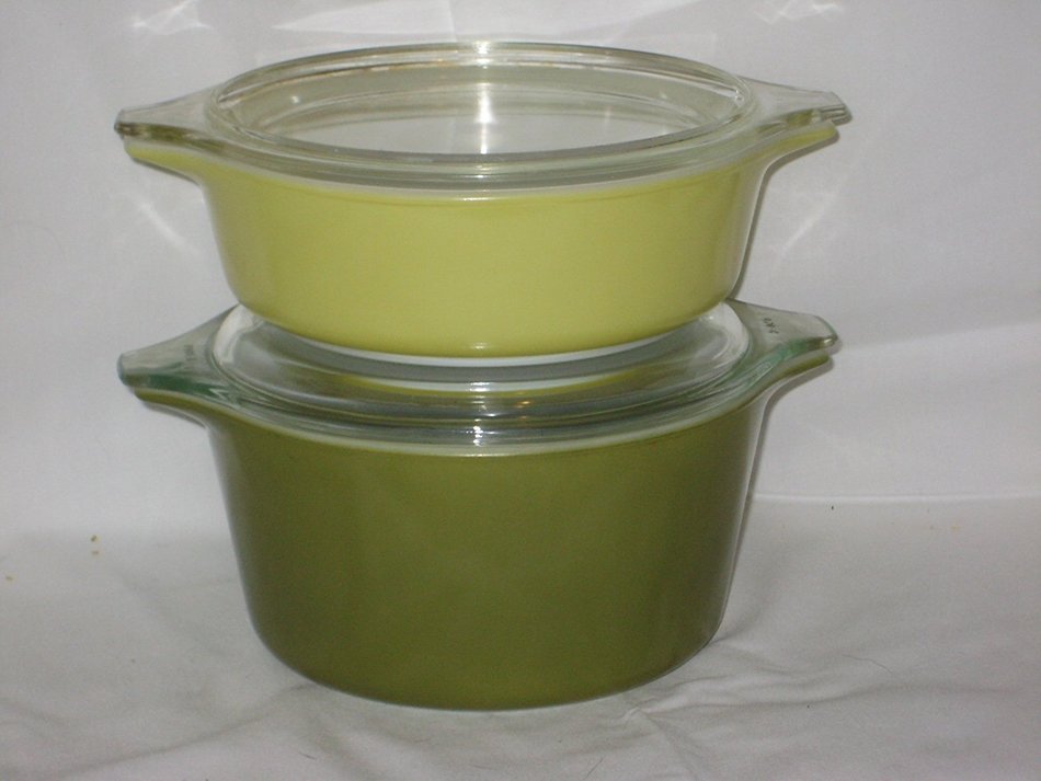4 piece Set - Vintage Light Yellow 1 Pint & 1 Quart Verde Green Casseroles Baking Dishes w/ Clear Lids
