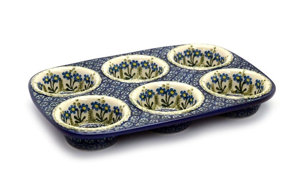Polish Pottery Muffin Pan - Blue Spring Daisy