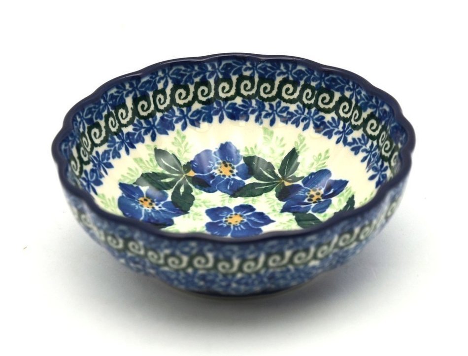 Polish Pottery Bowl - Shallow Scalloped - Small - Blue Pansy