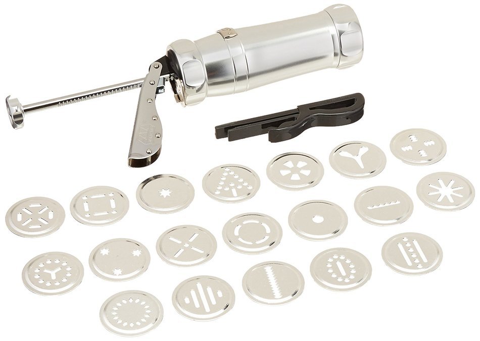 Marcato Made in Italy Atlas Deluxe Biscuit Maker Cookie Press, Stainless Steel, Red, Includes 20 Cookie Disc Shapes... N10