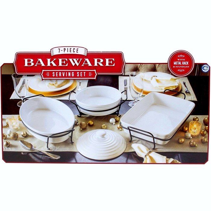 Ceramic 7-Piece Bakeware Serving Set with Metal Rack and Handles, White