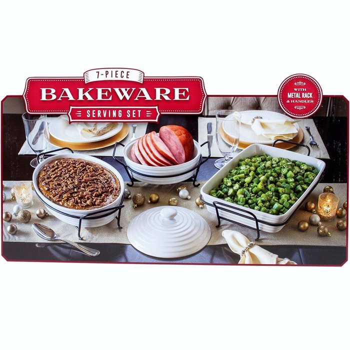Ceramic 7-Piece Bakeware Serving Set with Metal Rack and Handles, White N2