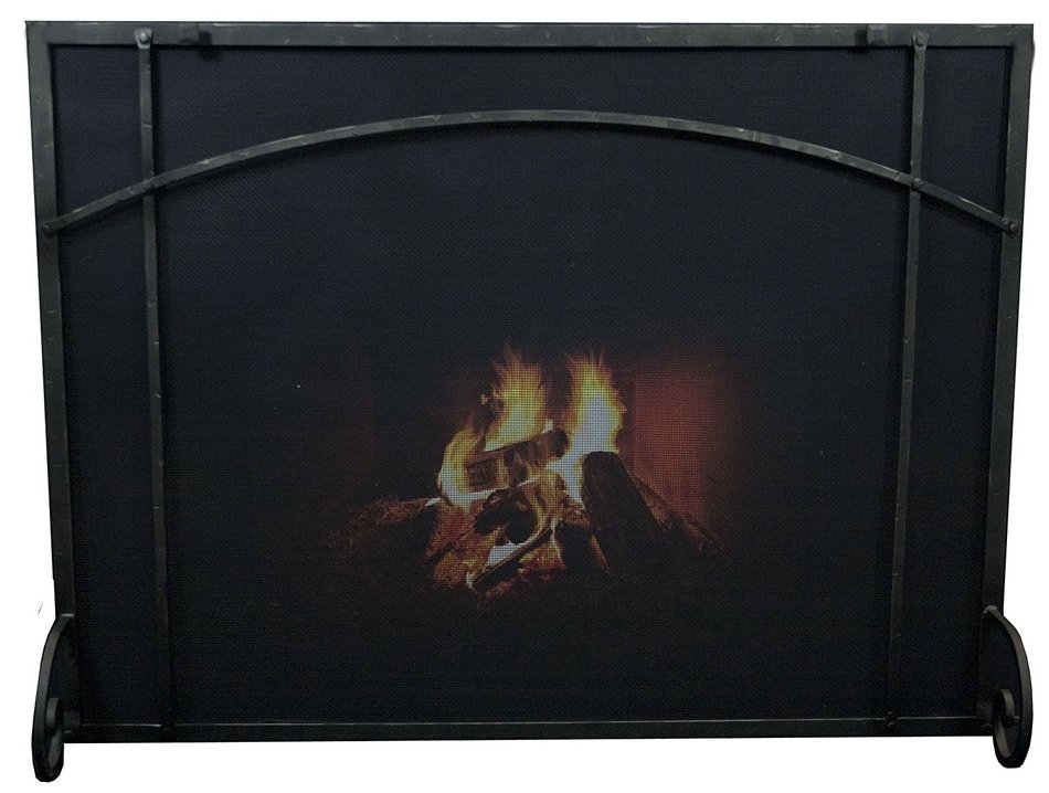 Rectangular Freestanding Fireplace Screen with Craftsman Design (47"w X 35"h, Hammered Black Copper) N3