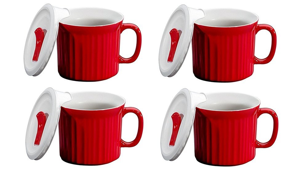 CorningWare Pop in mug, 4 mugs with vented plastic covers (Bake, Microwave) 20 oz/591ml (Tomato RED)
