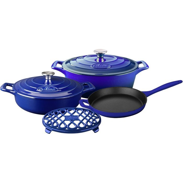 La Cuisine LC 2979 6 Piece Enameled Cast Iron Oval Casserole/Trivet Cookware Set, High Gloss Sapphire