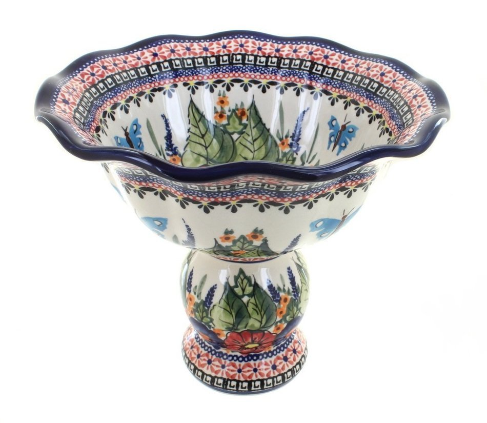 Polish Pottery Floral Butterfly Pedestal Fruit Bowl