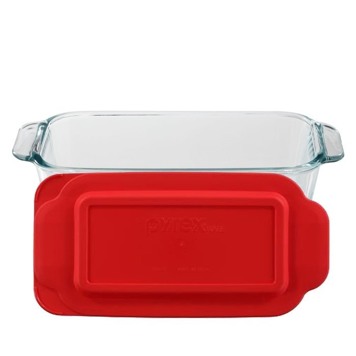 Pyrex Basics 1.5 Quart Loaf Dish with Red Plastic Lid N4