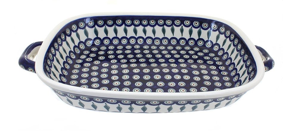Polish Pottery Peacock Large Baker with Handles
