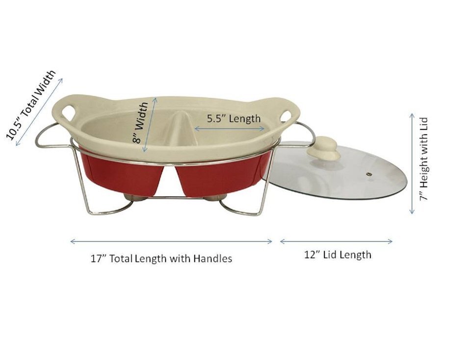Useful UH-CD139 Oven Safe Divided Oval Casserole With Glass Lid, Metal Trivet Rack, And Tealight Warmer