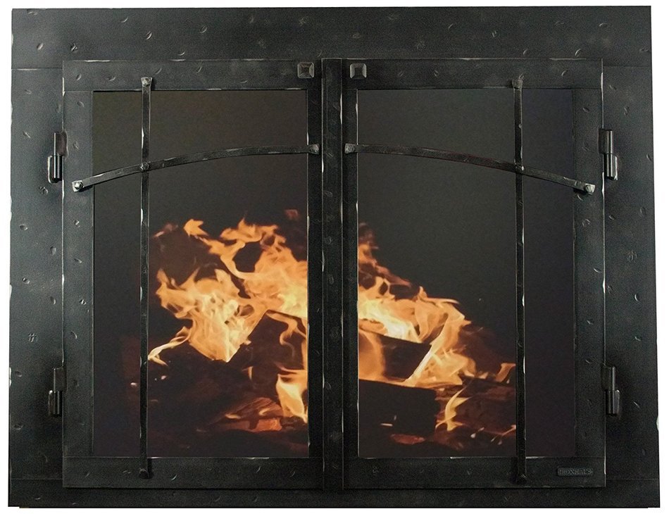Ironhaus Iron Fireplace Glass Door with Gate Mesh with 4" Frame In Hammered Natural Finish, Craftsman Design,...