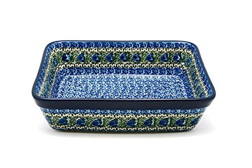 Polish Pottery Baker - Rectangular - Medium - Peacock Feather