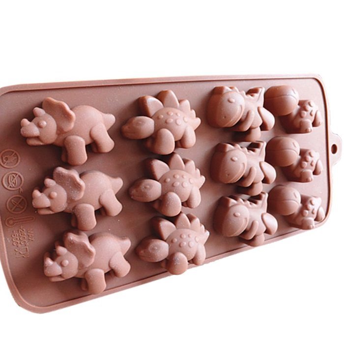 Seedan Silicone Gel Non-stick Chocolate Candy Baking Mold Ice Cube (12 Cavity, Dinosaur Shape, Chocolate) N2